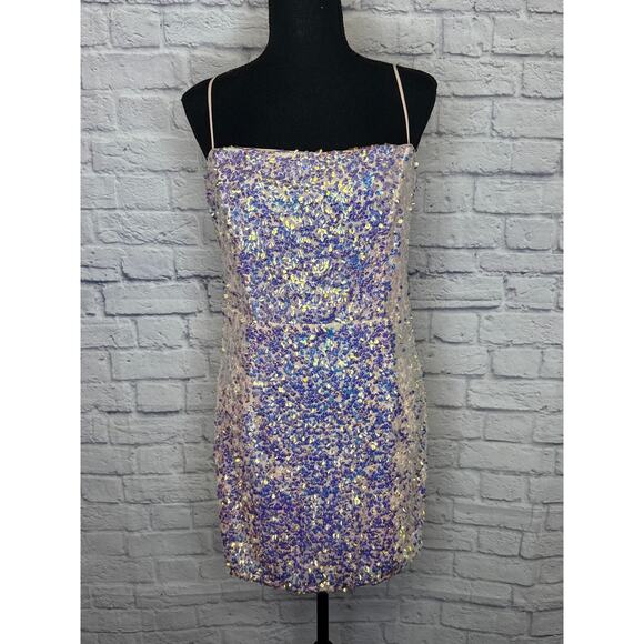 Lulus Pink/Purple Sequin Mini Formal Party Dress Spag Straps Sweetheart Neck LG - Picture 1 of 8